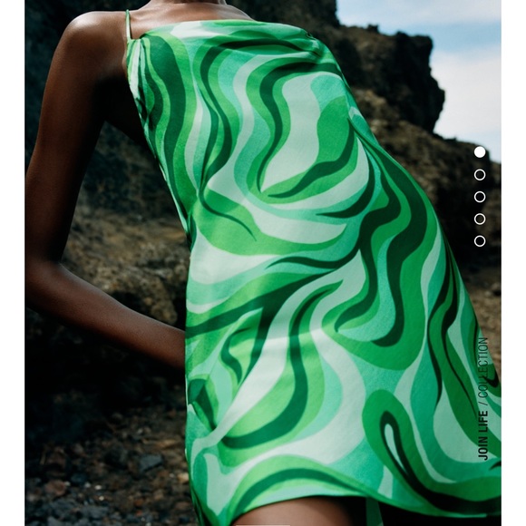 Zara Flowy Mini Swirl Green Satin Dress - Picture 3 of 12